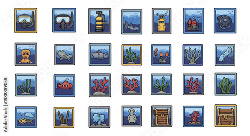 Collection of underwater themed icons and illustrations.