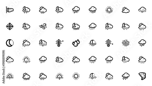 Weather icon set. Vector climate symbols collection. Includes wind, rain, snow, storm, hail, fog, sun, temperature and more. Editable thin line icons.