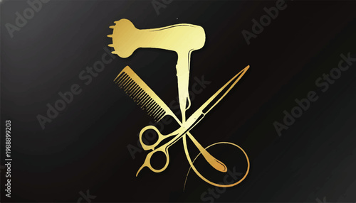 Golden hair salon symbols including a hairdryer comb scissors on a dark background blow dry barber shop beauty parlor hairdresser haircare