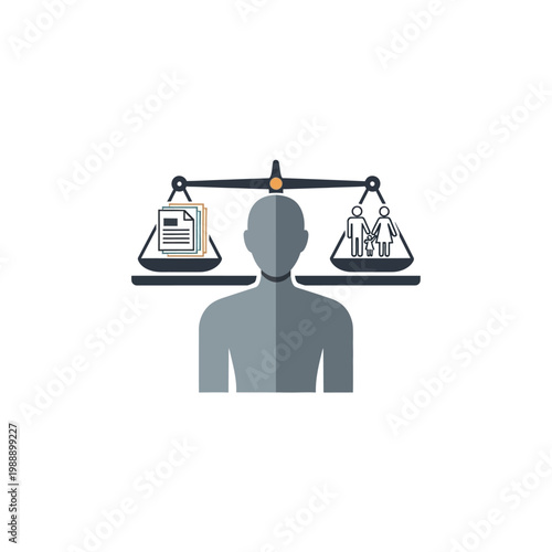 A person balancing documents and people on scales.