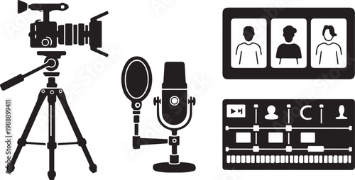 Minimalist black of tripod camera and editing tools