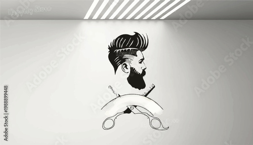 Barber shop logo illustration with a bearded man and scissors hand drawn black and white wall art hairdresser scissors illustration silhouette