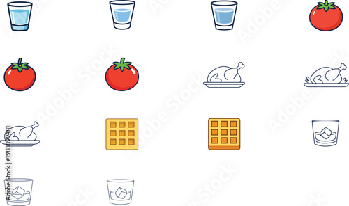 14 Hand-Traced Food and Drink Vector Icon Set with Editable Stroke: Includes Shot Glass, Red Tomato, Roasted Turkey, Square Waffle, and Whiskey Tumbler. Minimalist Line Art for Menus and Web Design.