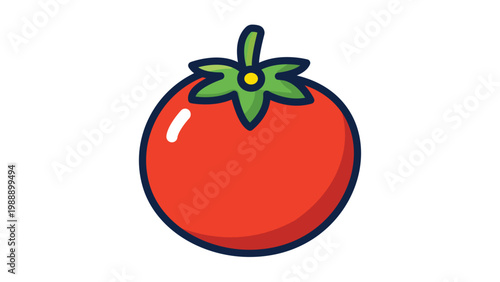 Vibrant Red Tomato Vector Icon with Green Stem and Leaves. Modern Flat Illustration with Editable Stroke and Adjustable Line Weight for Web Design, Healthy Food Apps, and Graphic Resources.