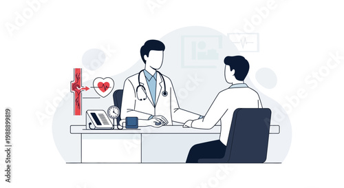 Doctor consulting patient about cardiovascular health, heart and artery illustration