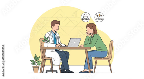 Doctor consulting patient about fatigue and stress, medical check-up with laptop