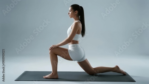 Woman performing a lunge exercise on a yoga mat in a studio setting