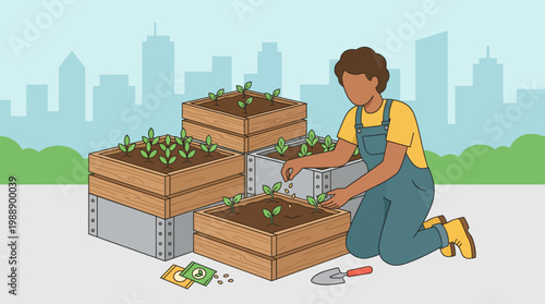 Urban Gardener's Planting: An individual tends to a collection of raised garden beds, nurturing the seeds to life amidst the urban skyline.