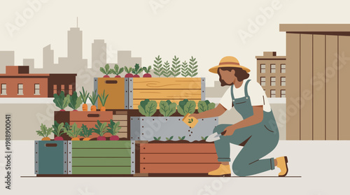 Urban Harvest: A gardener cultivates a vibrant rooftop garden, tending to flourishing vegetables and herbs against the backdrop of a bustling city skyline.