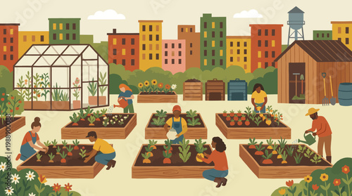 Urban Garden Harmony: A vibrant community garden thrives amidst the cityscape, where individuals nurture plants and cultivate growth, showcasing sustainable living.