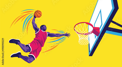 Basketball player dunking, sports illustration, athletic action, dynamic movement
