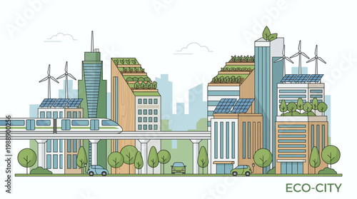 Eco-City Blueprint: A futuristic eco-city concept showcasing sustainable buildings, green infrastructure, and renewable energy integration, designed for a harmonious urban environment.