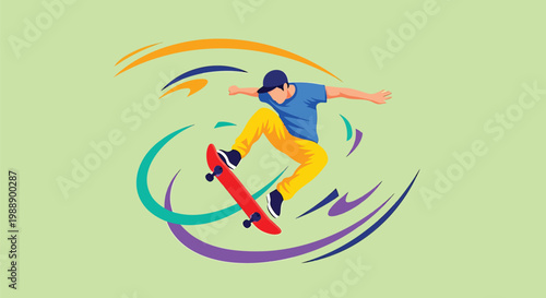 Skateboarder, colorful illustration, action sports, vector graphics, skateboarding tricks