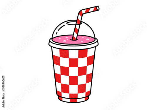 Illustration of a red and white checkered disposable cup with a pink beverage and straw on a white background.