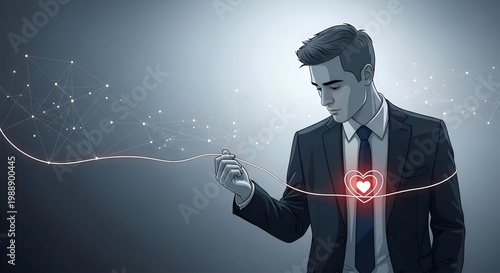 Businessman Pulling Glowing Thread Connected to Heart, Emotional Intelligence and Human Connection in Digital Network Concept Illustration