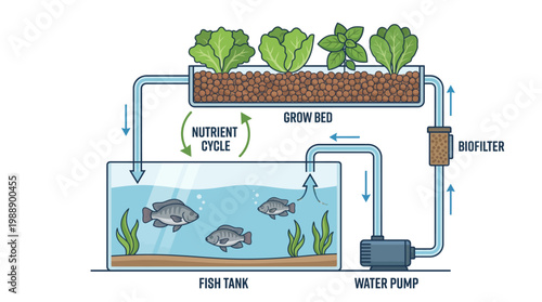 Aquaponics System: A detailed illustration showcasing the sustainable harmony of aquaponics, depicting a self-sustaining system where fish and plants coexist in a symbiotic relationship.