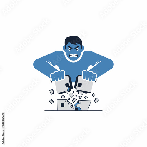 Angry Man Violently Smashing Computer Screen in Frustration.