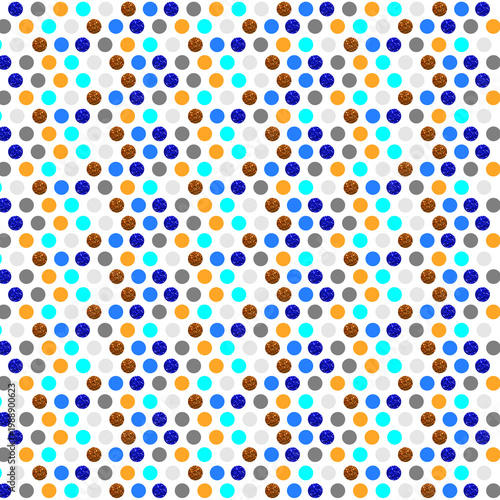 Colorful polka dot pattern with mixed tones and glitter elements on light background, playful seamless design ideal for kids themes, fabric, and vibrant branding.