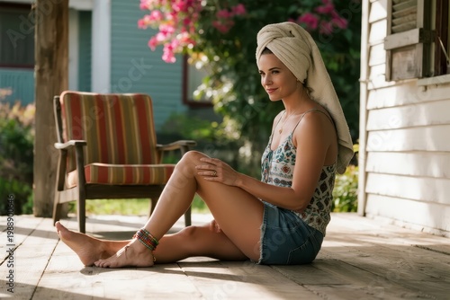 Woman sitting on a porch with a towel wrapped around her head, wearing a patterned top and denim shorts, in a sunny outdoor setting.