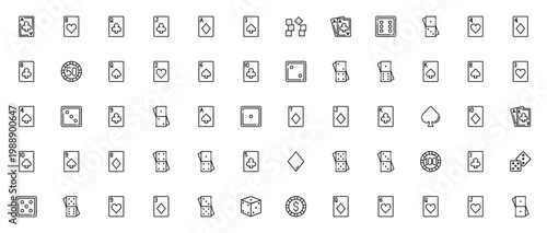 Casino Gambling icon set. Vector pack featuring poker, dice, domino, chip, aces, spades, diamonds and more. Editable stroke line icons.