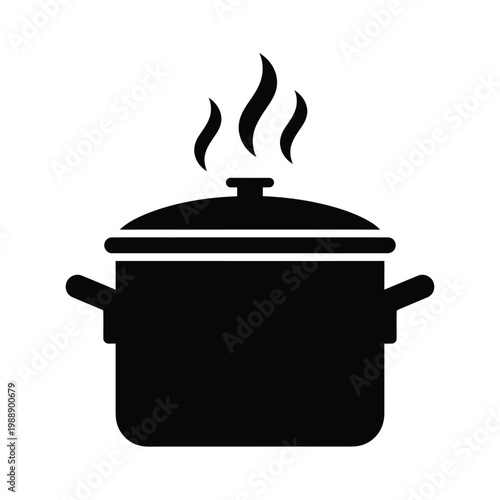 Cooking pot emits steam in this black and white kitchen icon. Cooking icon