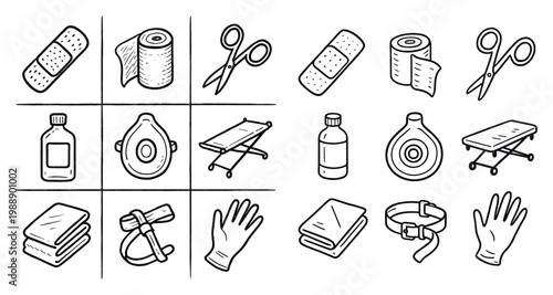 Medical icons with bandage stretcher glove outline