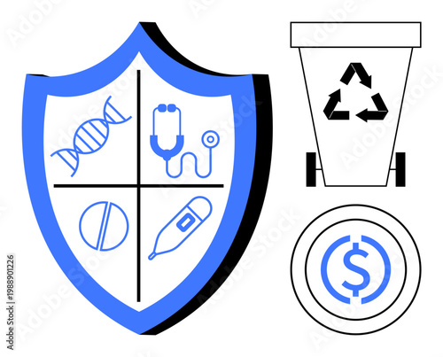 Healthcare, sustainability, financial security, medical care, recycling, environmental responsibility. Blue shield with medical icons, recycling bin and financial symbol. Healthcare