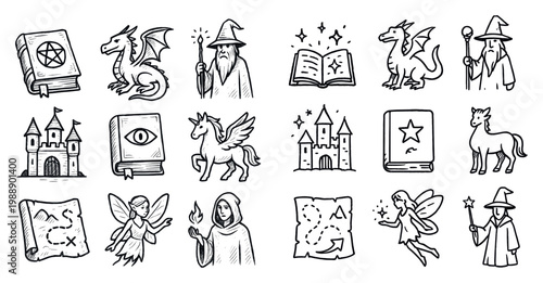 Fantasy icons with dragon wizard book sketch