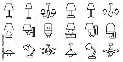 Lighting icons with lamp and chandelier outline