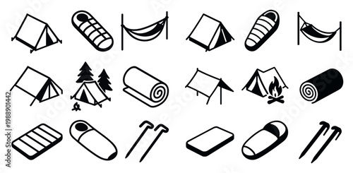 Camping icons with tent sleeping bag hammock flat