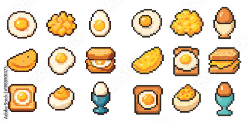 Breakfast icons with egg toast and yolk pixel style