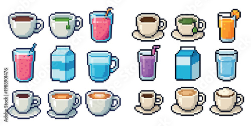 Beverage icons with cup mug glass pixel
