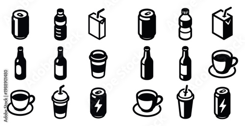 Beverage icons with can bottle mug bold