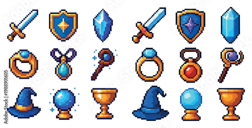 Rpg icons with sword shield ring pixel