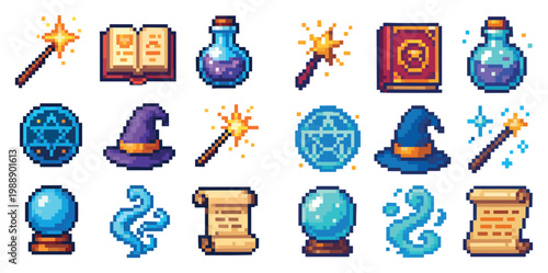 Magic icons with wand potion crystal ball pixel