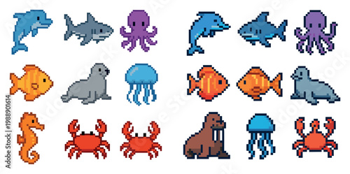 Sea creature icons with dolphin crab jellyfish pixel