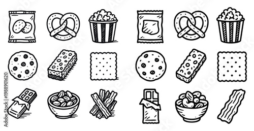 Snack icons with pretzel popcorn chip doodle