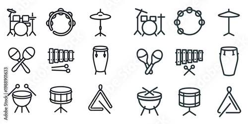 Music icons with drum kit tambourine maracas outline