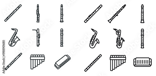 Music icons with flute saxophone harmonica outline