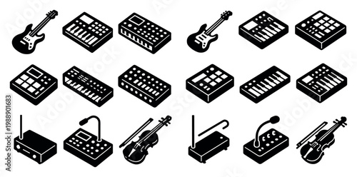 Music icons with guitar keyboard violin isometric