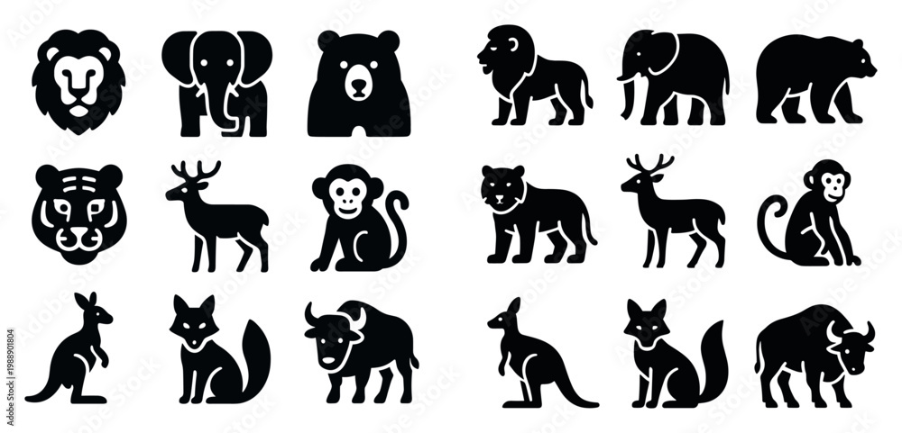 Obraz premium Wildlife icons with lion elephant kangaroo silhouette