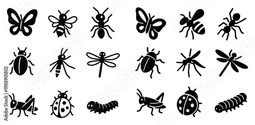 Insect icons with butterfly bee ant dragonfly flat simple
