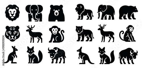 Wildlife icons with lion elephant kangaroo silhouette