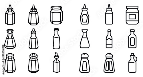 Condiment icons with bottles jars shakers outline