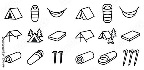 Outdoor icons with tent and hammock outline