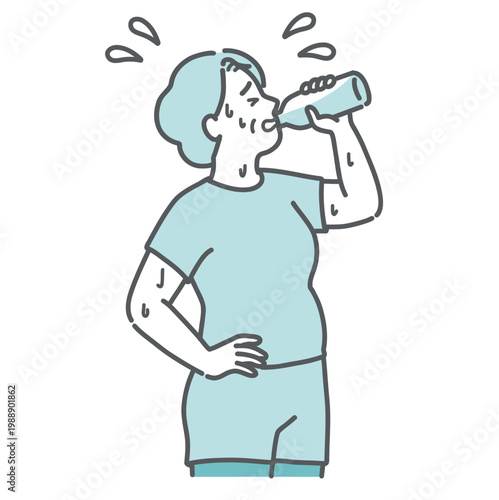 汗だくで水分補給をするスポーツウェア姿のぽっちゃりシニア女性のイラスト