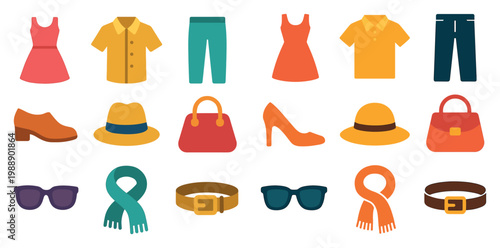 Fashion icons with dress bag sunglasses flat