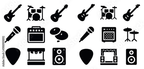 Music icons with guitar drum microphone minimalist