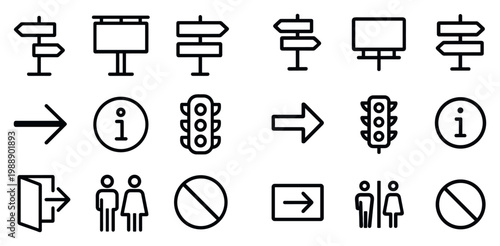 Navigation icons with signpost traffic light arrow outline
