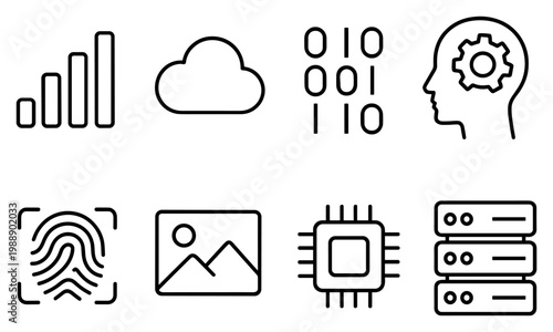 Technology icons with cloud chip server minimal outline